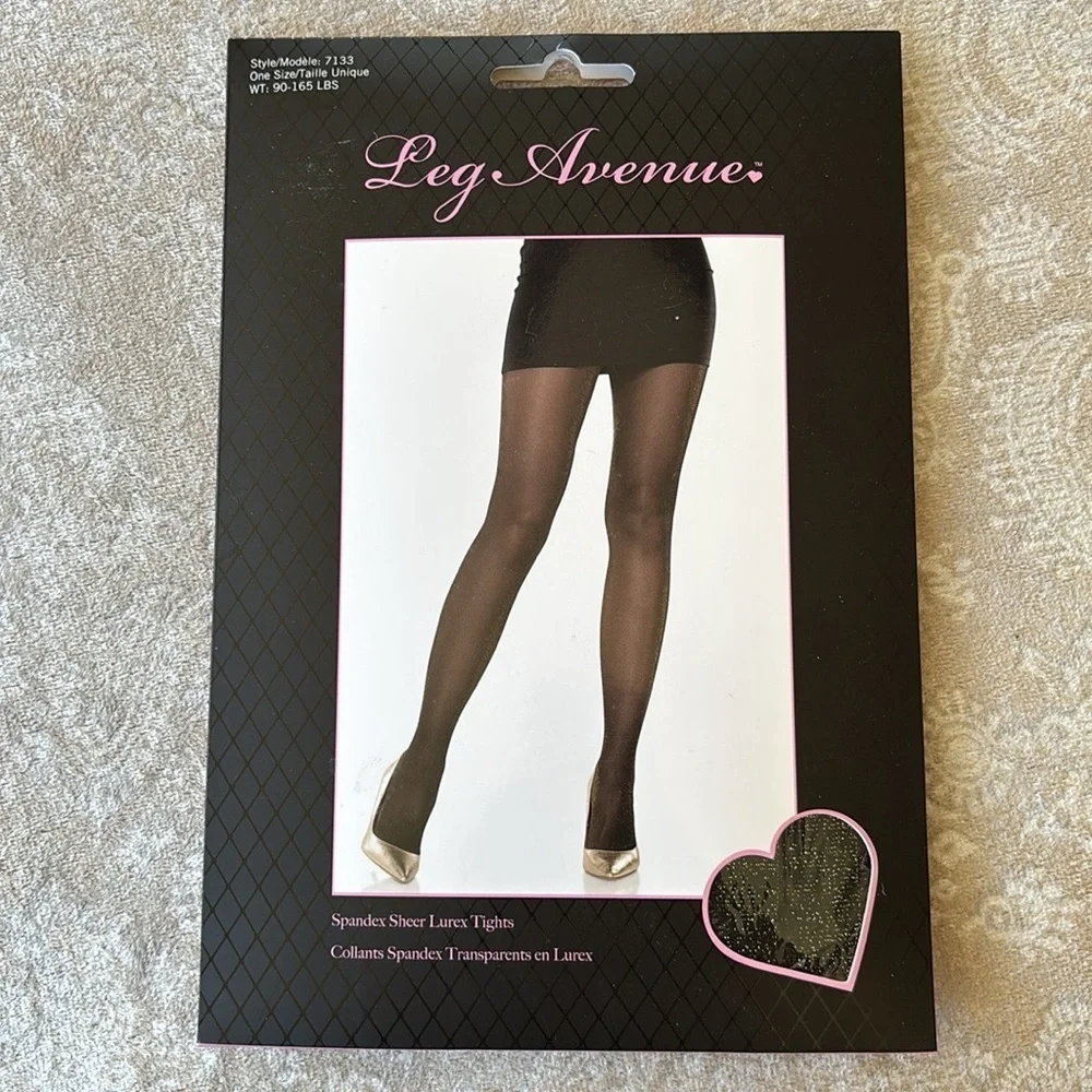 Brand New Leg Avenue Black Sheer Gold Metallic Shimmer Tights Panty Hose